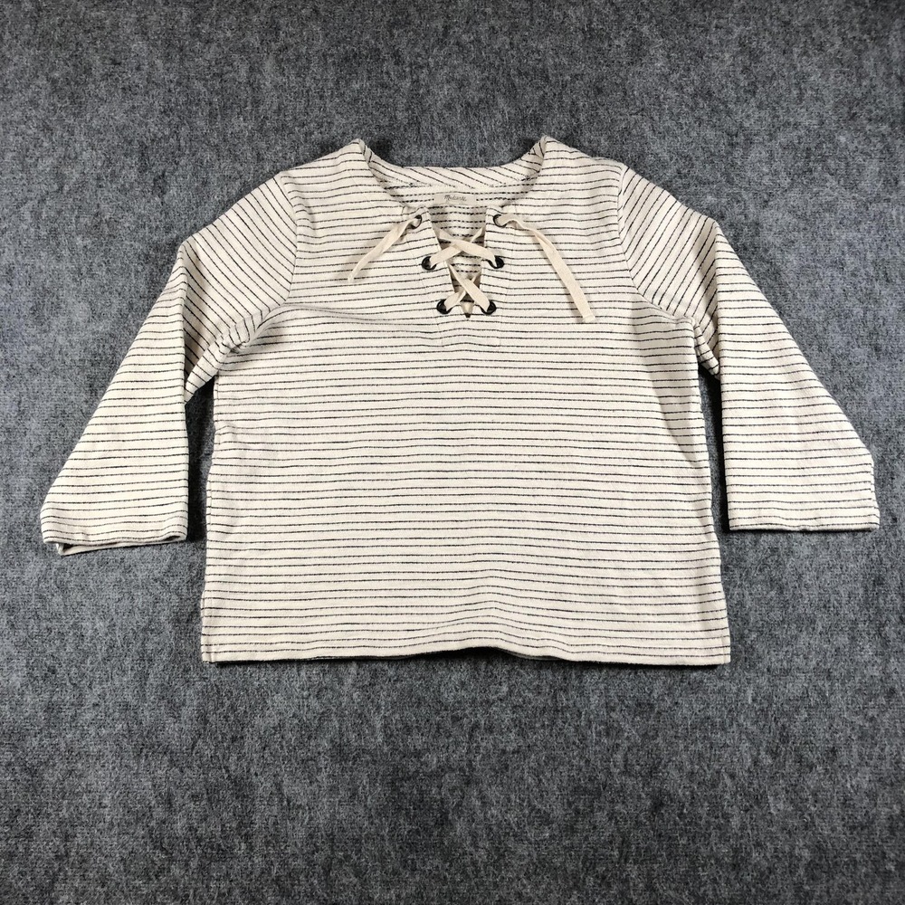 Madewell Sweater Womens Medium White Striped Lace Up V Neck Knit Pullover